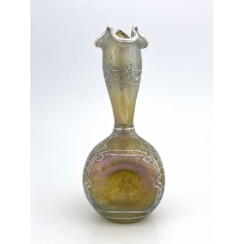 586 - Loetz, a Secessionist Candia Papillon silver overlay glass vase, three dimpled gourd form with pulle... 