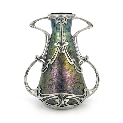 587 - Loetz for Boudon and Klur, a Secessionist iridescent glass and pewter vase, Rubin Papillon, circa 19... 