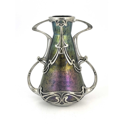 587 - Loetz for Boudon and Klur, a Secessionist iridescent glass and pewter vase, Rubin Papillon, circa 19... 