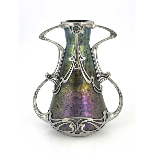 587 - Loetz for Boudon and Klur, a Secessionist iridescent glass and pewter vase, Rubin Papillon, circa 19... 