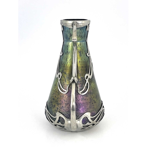 587 - Loetz for Boudon and Klur, a Secessionist iridescent glass and pewter vase, Rubin Papillon, circa 19... 