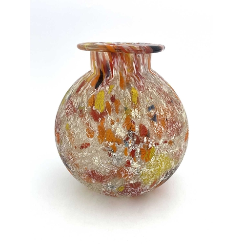 602 - A large Art Deco crackled candy glass vase, probably Czech circa 1930, spherical form with everted r... 