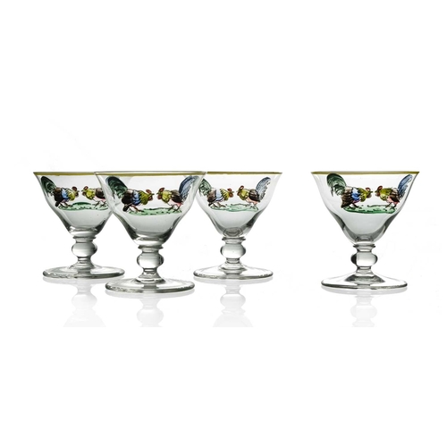 615 - A set of four Art Deco enamelled glass cocktail glasses, circa 1930, ogee conical bowls with yellow ... 