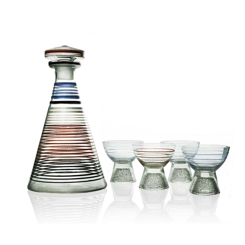 616 - An Art Deco enamelled glass drinking set, including decanter and four cocktail glasses, circa 1930s,... 