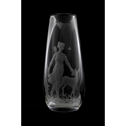 625 - Mary Stevens for Stuart Crystal, an etched glass vase, circa 1950, teardrop form, depicting Artemis ... 