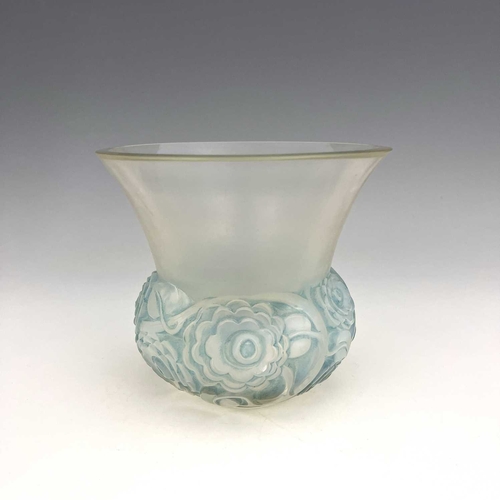 664 - Rene Lalique, a Renoncules opalescent glass vase, model 1044, designed circa 1930, frosted with blue... 