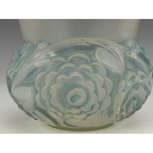 664 - Rene Lalique, a Renoncules opalescent glass vase, model 1044, designed circa 1930, frosted with blue... 