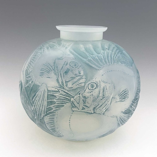 670 - Rene Lalique, a Poissons opalescent glass vase, model 925, designed circa 1921, frosted and polished... 