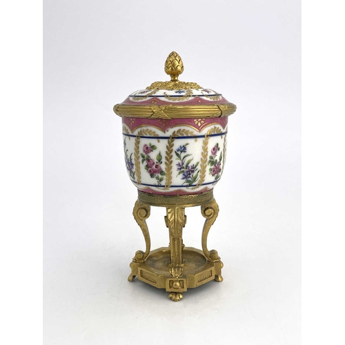 681 - A Paris porcelain and ormolu mounted potpourri vase and cover, pink ground beaker bowl with gilt fro... 