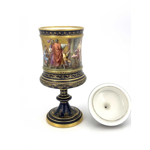 689 - A Vienna porcelain pedestal cup and cover, Campana chalice form, painted in the round with Karl von ... 