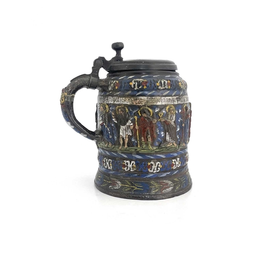 692 - A Kreussen stoneware pewter mounted tankard, 17th century, relief moulded decoration depciting Jesus... 