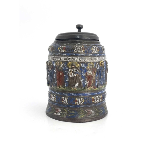 692 - A Kreussen stoneware pewter mounted tankard, 17th century, relief moulded decoration depciting Jesus... 