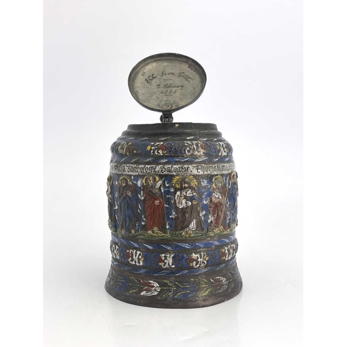 692 - A Kreussen stoneware pewter mounted tankard, 17th century, relief moulded decoration depciting Jesus... 