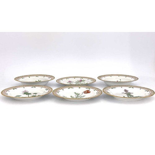 698 - Six Royal Copenhagen Flora Danica plates and dishes, gilt denticulated rims, each painted with a nam... 