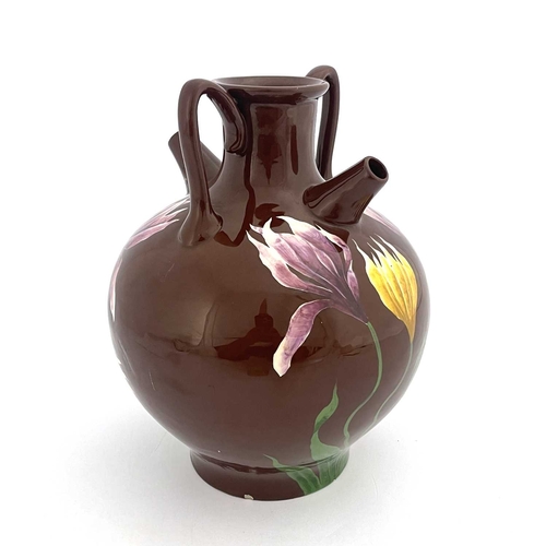 702 - Julius Dressler, an Austrian Art Pottery double spouted bottle vase, Botijo type with two handles, p... 