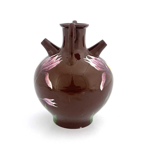 702 - Julius Dressler, an Austrian Art Pottery double spouted bottle vase, Botijo type with two handles, p... 