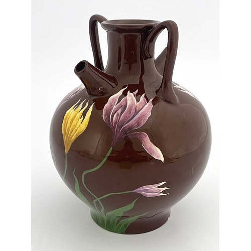 702 - Julius Dressler, an Austrian Art Pottery double spouted bottle vase, Botijo type with two handles, p... 