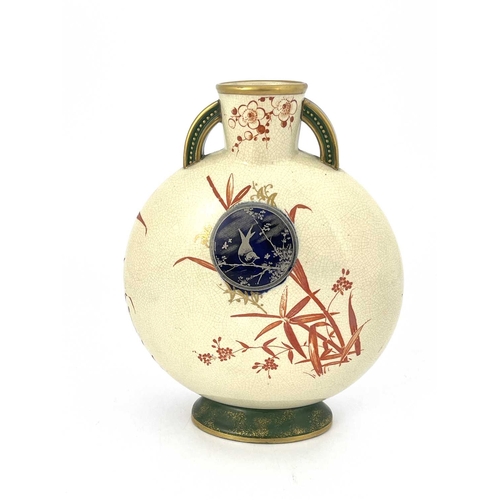 717 - An Aesthetic Movement moon flask, possibly Minton, circa 1880, bead moulded twin handles, painted wi... 