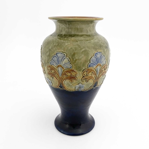 723 - A Royal Doulton stoneware vase, inverse baluster form, moulded with foliate fronds, green and blue g... 