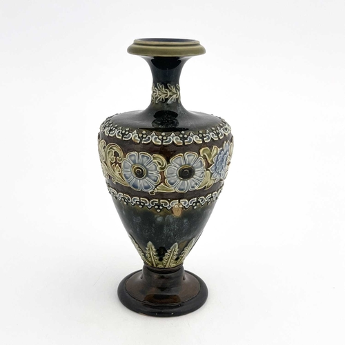 724 - A Royal Doulton stoneware vase, shouldered and footed form, relief moulded floral bands, 18cm high