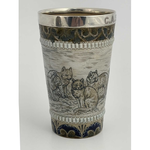 725 - Hannah Barlow for Doulton Lambeth, a silver mounted stoneware beaker, 1877, conical form, sgraffito ... 