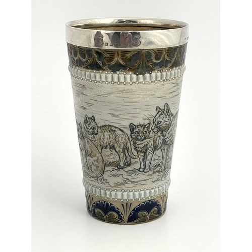 725 - Hannah Barlow for Doulton Lambeth, a silver mounted stoneware beaker, 1877, conical form, sgraffito ... 