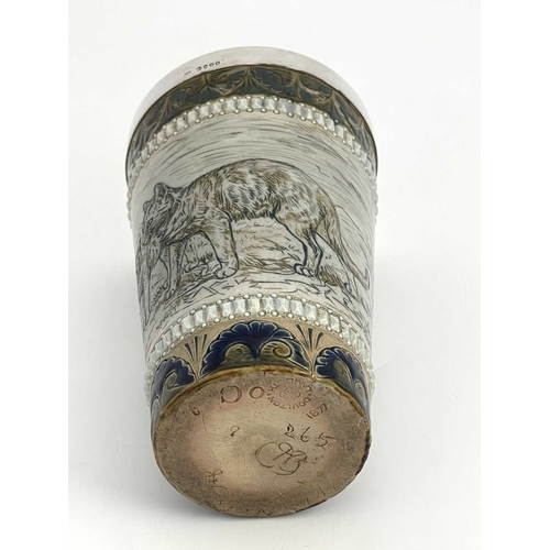 725 - Hannah Barlow for Doulton Lambeth, a silver mounted stoneware beaker, 1877, conical form, sgraffito ... 