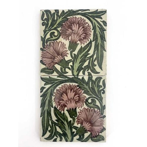 735A - William De Morgan, a Carnation double tile panel, circa 1898, pink flowers and green foliage, impres... 