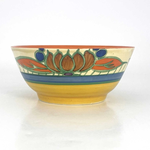 742 - Clarice Cliff for Wilkinson, a Lily bowl, yellow, blue and orange bands, Fantasque marks, 16.5cm dia... 