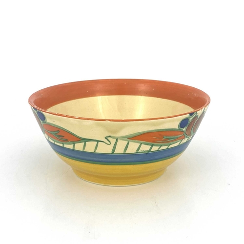 742 - Clarice Cliff for Wilkinson, a Lily bowl, yellow, blue and orange bands, Fantasque marks, 16.5cm dia... 