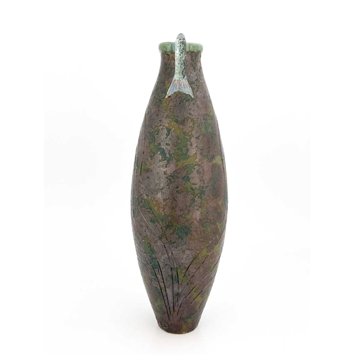 744 - Roger Cockram, a large studio pottery jug, elongated ovoid form with sgraffito line decoration on ox... 