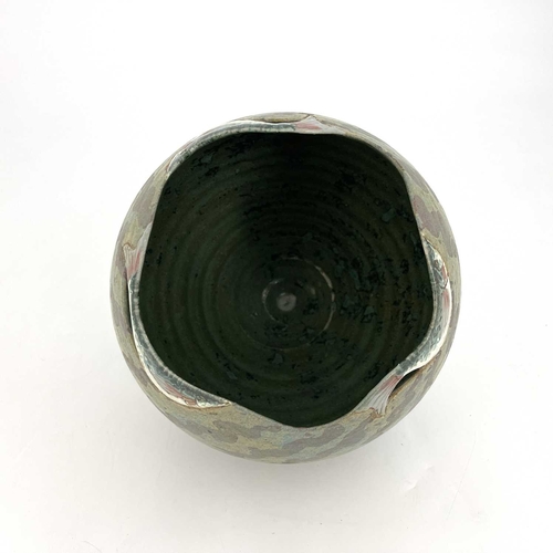 745 - Roger Cockram, a studio pottery vase, ovoid form the rim modelled with three swimming fish, on a mat... 