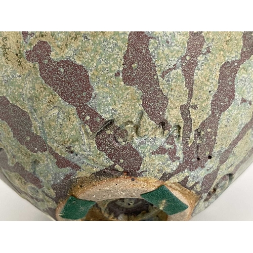 745 - Roger Cockram, a studio pottery vase, ovoid form the rim modelled with three swimming fish, on a mat... 