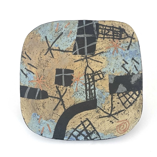 762 - John Maltby (British, 1936- 2020), a stoneware squared press dish, Lighthouses and Fishing Nets, cir... 