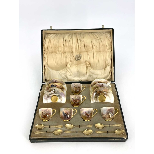 768 - James Stinton for Royal Worcester, a Game Bird painted coffee set, decorated with British birds in n... 