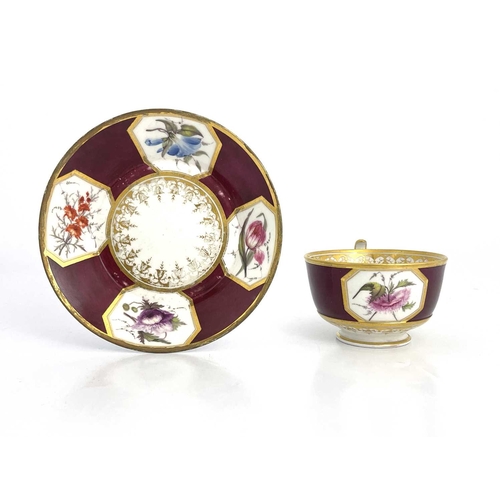 769 - A Barr, Flight and Barr Royal Worcester floral specimen tea cup and saucer, maroon ground with octag... 