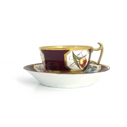 769 - A Barr, Flight and Barr Royal Worcester floral specimen tea cup and saucer, maroon ground with octag... 