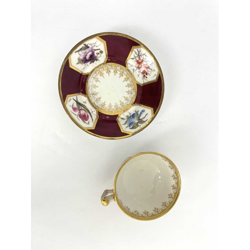 769 - A Barr, Flight and Barr Royal Worcester floral specimen tea cup and saucer, maroon ground with octag... 