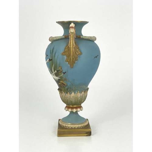 770 - Charles Baldwyn for Royal Worcester, a twin handled vase,1899, double gourd pedestal urn form, acant... 