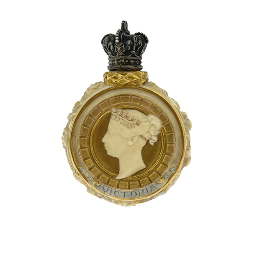 774 - A Royal Worcester commemorative silver mounted scent bottle, Golden Jubilee 1887, circular flask for... 