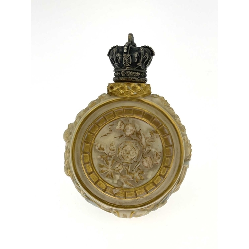 774 - A Royal Worcester commemorative silver mounted scent bottle, Golden Jubilee 1887, circular flask for... 