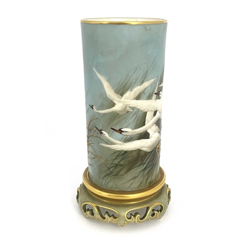 781 - Charles Baldwyn for Royal Worcester, a cylinder vase, 1904, on integrated Oriental pierced scroll br... 