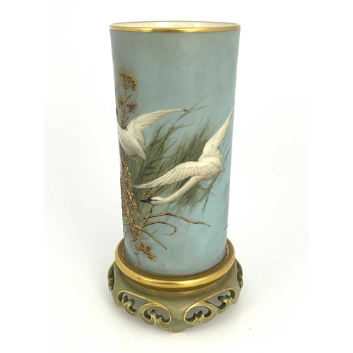 781 - Charles Baldwyn for Royal Worcester, a cylinder vase, 1904, on integrated Oriental pierced scroll br... 