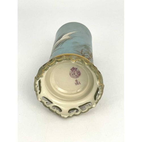 781 - Charles Baldwyn for Royal Worcester, a cylinder vase, 1904, on integrated Oriental pierced scroll br... 