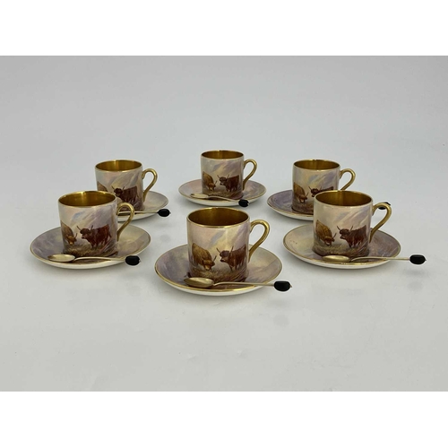 784 - G Cox for Crown Devon, a Highland Cattle painted coffee set, the cans with gilt interiors, silver gi... 