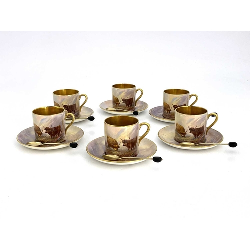 784 - G Cox for Crown Devon, a Highland Cattle painted coffee set, the cans with gilt interiors, silver gi... 