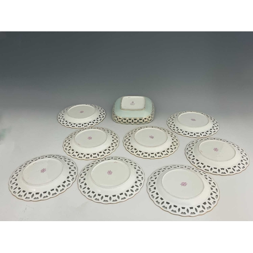 790 - A set of eight Minton dessert plates, circa 1877, circular form decorated with a monogram to a sage ... 