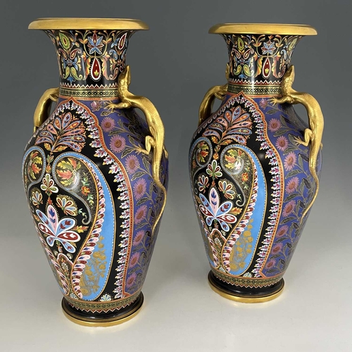 793A - A large pair of Copeland Spode vases or lamp bases, shouldered form, relief moulded with lizard hand... 