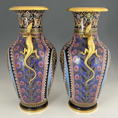 793A - A large pair of Copeland Spode vases or lamp bases, shouldered form, relief moulded with lizard hand... 