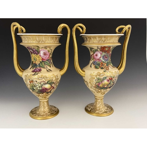 795 - A pair of Copeland & Garrett porcelain pedestal vases, circa 1835, baluster form, with two gilded lo... 